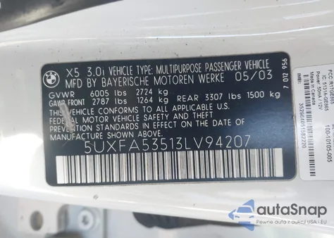 2003 BMW X5 3.0I z USA, uszkodzony, nr VIN 5UXFA53513LV94207